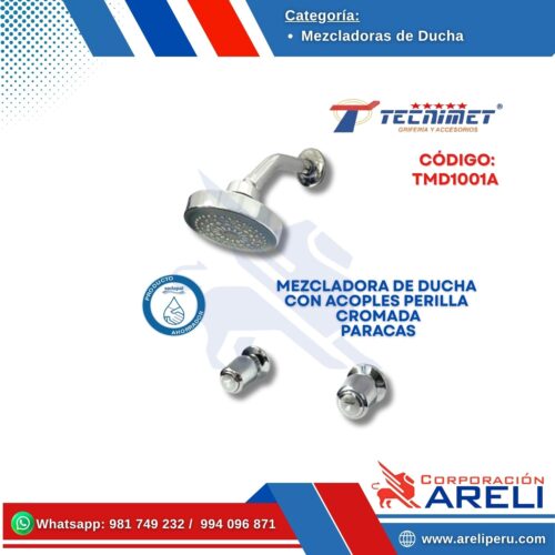 MEZCLADORA DE DUCHA CON ACOPLES PERILLA CROMADA  PARACAS TECNIMET