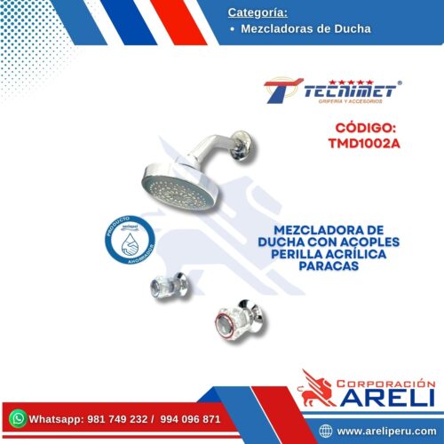 MEZCLADORA DE DUCHA CON ACOPLES PERILLA ACRÍLICA PARACAS TECNIMET