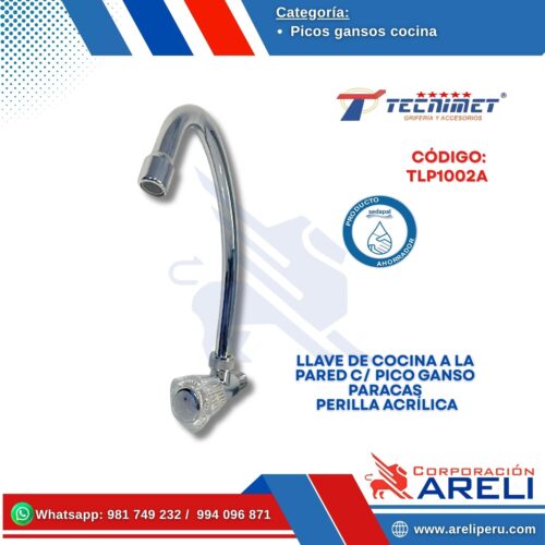 LLAVE DE COCINA A LA PARED C/ PICO GANSO PARACAS  PERILLA ACRÍLICA TECNIMET