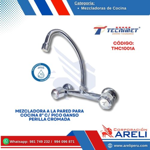 MEZCLADORA A LA PARED PARA COCINA 8" C/ PICO GANSO PERILLA CROMADA TECNIMET