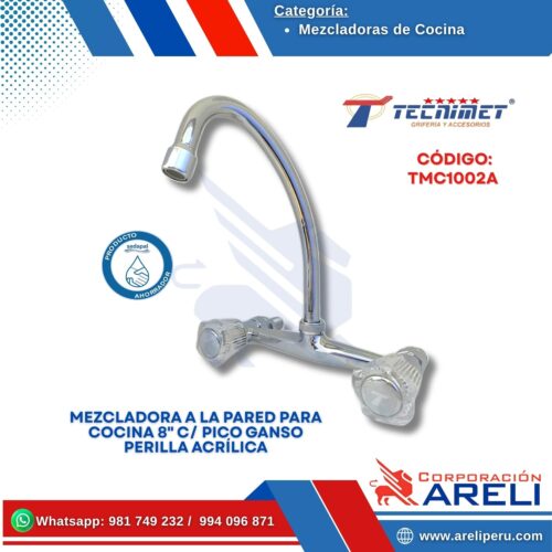 MEZCLADORA A LA PARED PARA COCINA 8" C/ PICO GANSO PERILLA ACRÍLICA TECNIMET