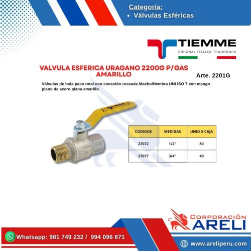 VALVULA ESFERICA URAGANO 2200G P/GAS AMARILLO TIEMME