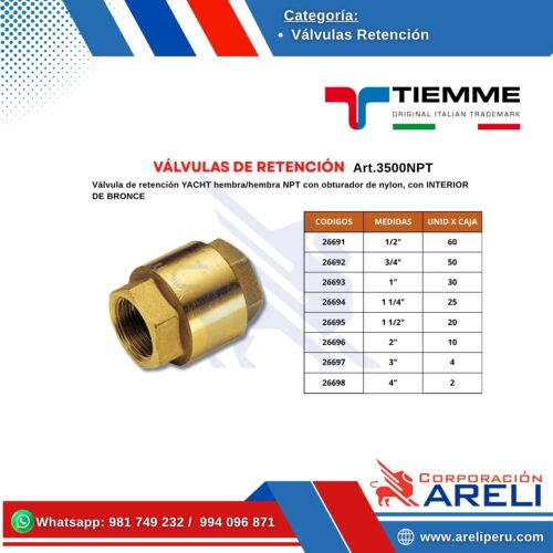 Válvula de retención YACHT hembra/hembra NPT con obturador de nylon Tiemme