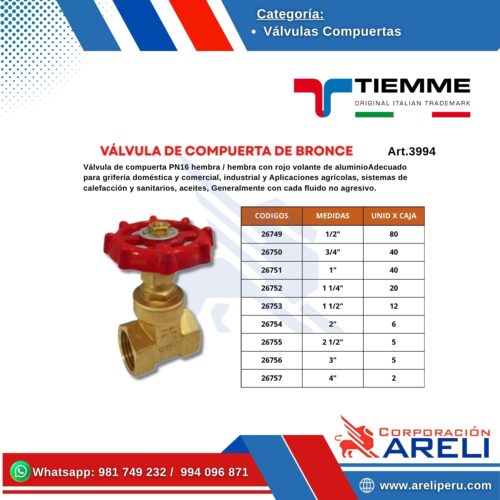 VÁLVULA DE COMPUERTA DE BRONCE TIEMME