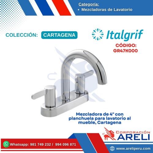 Mezcladora de 4" con planchuela para lavatorio al mueble, Cartagena - ITALGRIF