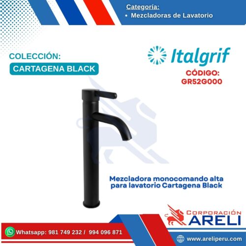 Mezcladora monocomando alta para lavatorio Cartagena Black - ITALGRIF