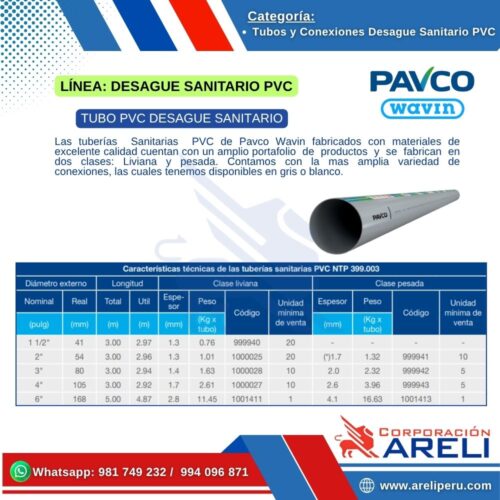 TUBOS Y CONEXIONES PVC DESAGUE SANITARIO PAVCO