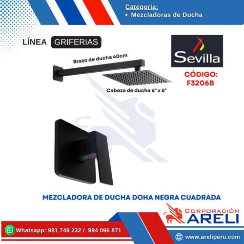 MEZCLADORA DE DUCHA DOHA NEGRA CUADRADA SEVILLA F3206B