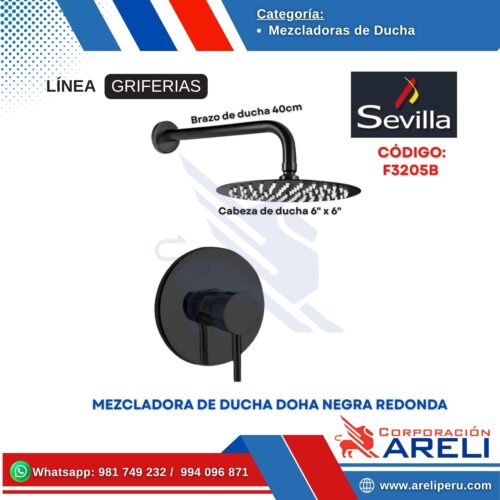 MEZCLADORA DE DUCHA DOHA NEGRA REDONDA SEVILLA F3205B