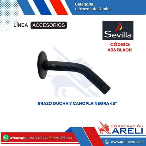 BRAZO DUCHA Y CANOPLA NEGRA 45° SEVILLA