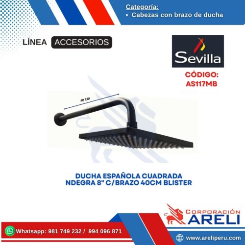 DUCHA ESPAÑOLA CUADRADA NEGRA 8" C/BRAZO 40CM BLISTER