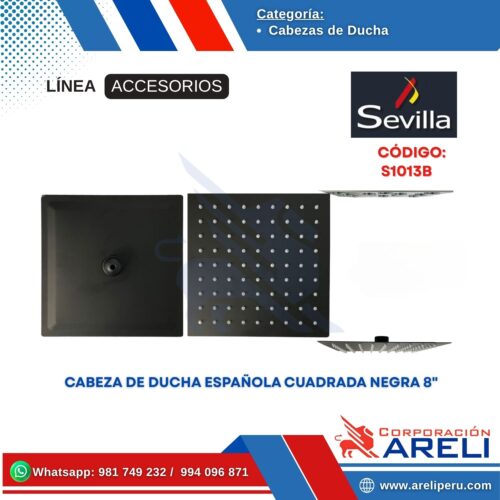 CABEZA DE DUCHA ESPAÑOLA CUADRADA NEGRA 8" SEVILLA