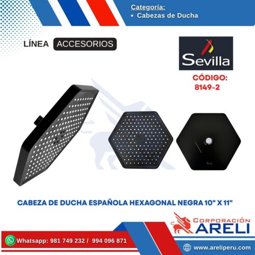 CABEZA DE DUCHA ESPAÑOLA HEXAGONAL NEGRA 10" X 11" SEVILLA