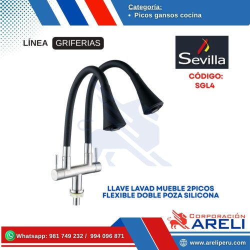 LLAVE LAVAD MUEBLE 2PICOS FLEXIBLE DOBLE POZA SILICONA- SEVILLA