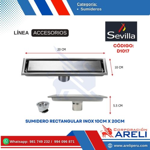 SUMIDERO RECTANGULAR INOX 10CM X 20CM SEVILLA