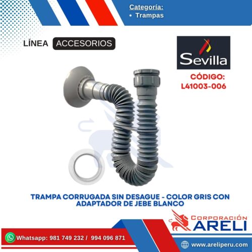 TRAMPA CORRUGADA SIN DESAGUE - COLOR GRIS CON ADAPTADOR DE JEBE BLANCO SEVILLA