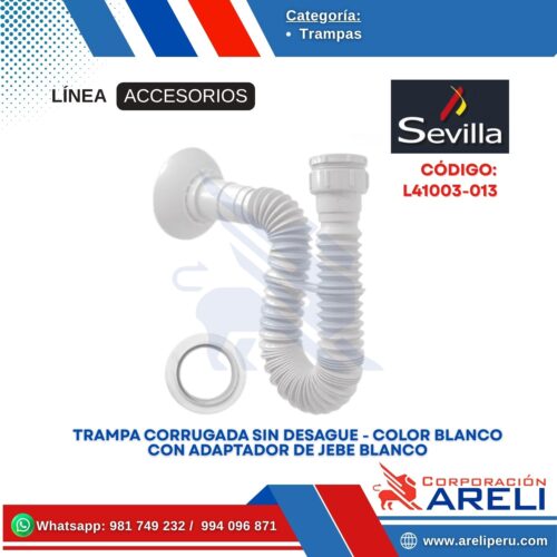 TRAMPA CORRUGADA SIN DESAGUE - COLOR BLANCO CON ADAPTADOR DE JEBE BLANCO SEVILLA