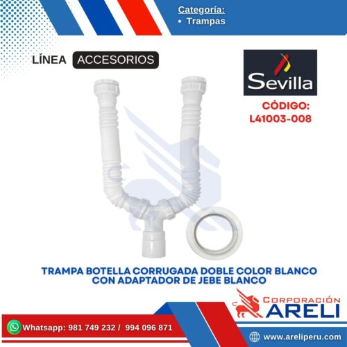 TRAMPA BOTELLA CORRUGADA DOBLE COLOR BLANCO CON ADAPTADOR DE JEBE BLANCO SEVILLA