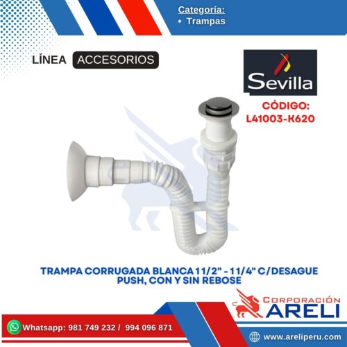TRAMPA CORRUGADA BLANCA 1 1/2" - 1 1/4" C/DESAGUE PUSH, CON Y SIN REBOSE SEVILLA