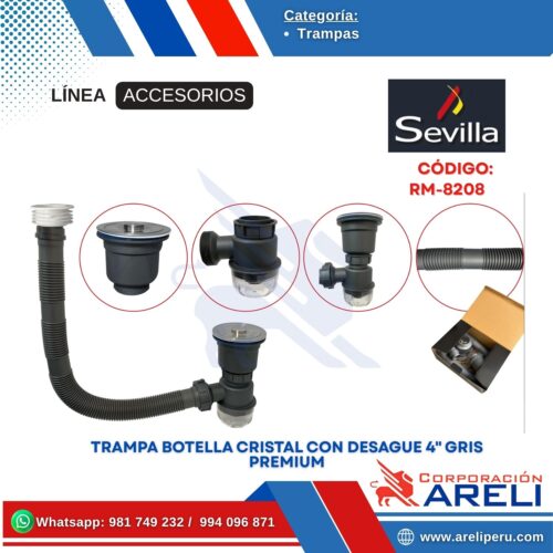 TRAMPA BOTELLA CRISTAL CON DESAGUE 4" GRIS PREMIUM SEVILLA