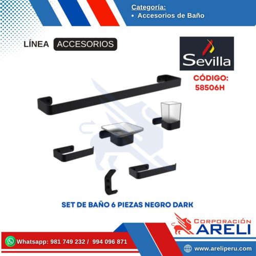 KIT SET DE BAÑO 6 PIEZAS NEGRO DARK SEVILLA