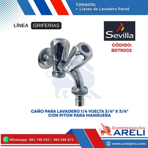 CAÑO PARA LAVADERO 1/4 VUELTA 3/4" X 3/4" CON PITON PARA MANGUERA SEVILLA