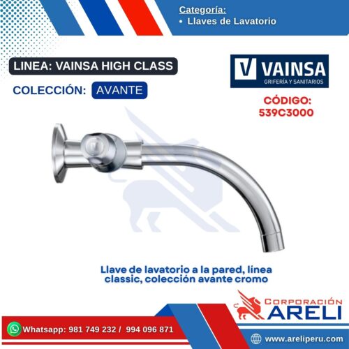 Llave de lavatorio a la pared, línea classic, colección avante cromo - VAINSA