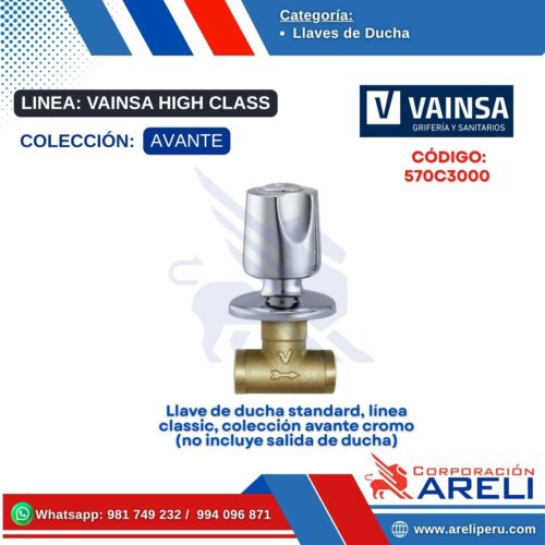 Llave de ducha standard, línea classic, colección avante cromo (no incluye salida de ducha) - VAINSA