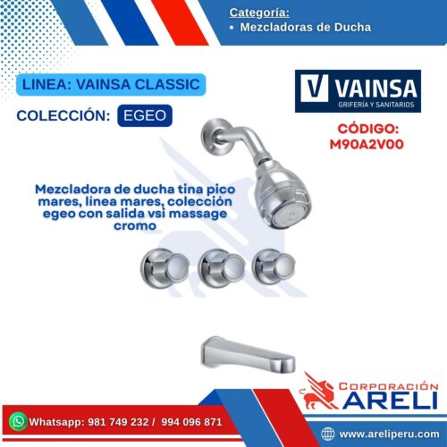 Mezcladora de ducha tina pico mares, línea mares, colección egeo con salida vsi massage cromo - VAINSA