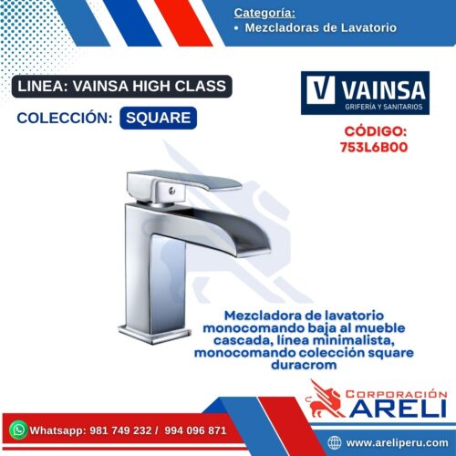 Mezcladora de lavatorio monocomando baja al mueble cascada, línea minimalista, monocomando colección square duracrom .