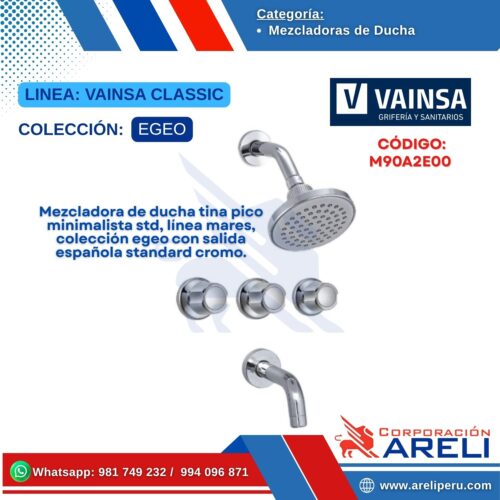 Mezcladora de ducha tina pico minimalista std, línea mares, colección egeo con salida española standard cromo - VAINSA