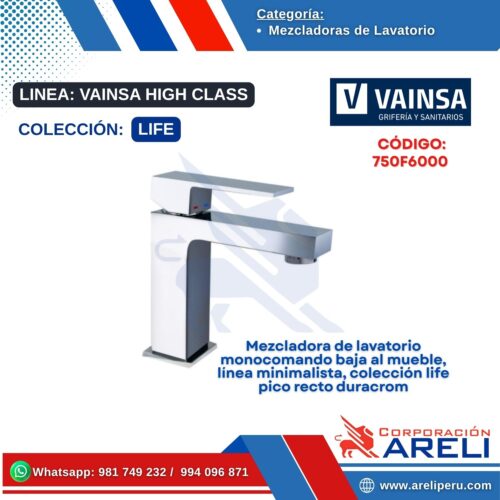 Mezcladora de lavatorio monocomando baja al mueble, línea minimalista, colección life pico recto duracrom-VAINSA