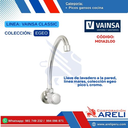 Llave de lavadero a la pared, línea mares, colección egeo pico L cromo - VAINSA