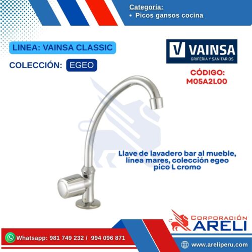 Llave de lavadero bar al mueble, línea mares, colección egeo pico L cromo - VAINSA