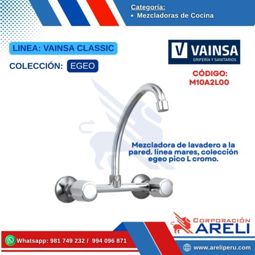 Mezcladora de lavadero a la pared. línea mares, colección egeo pico L cromo - VAINSA