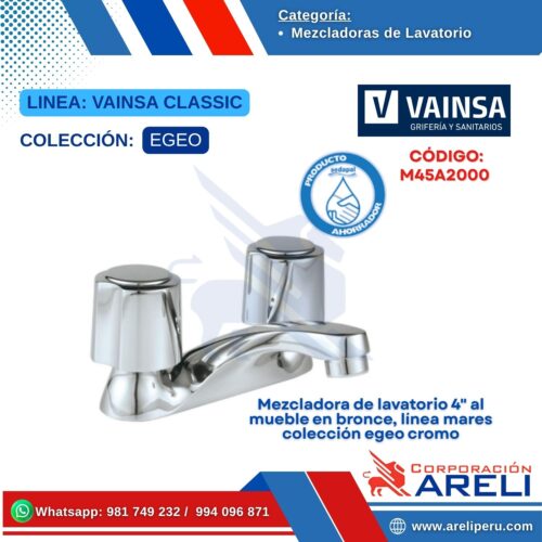 Mezcladora de lavatorio 4" al mueble en bronce, línea mares colección egeo cromo - VAINSA