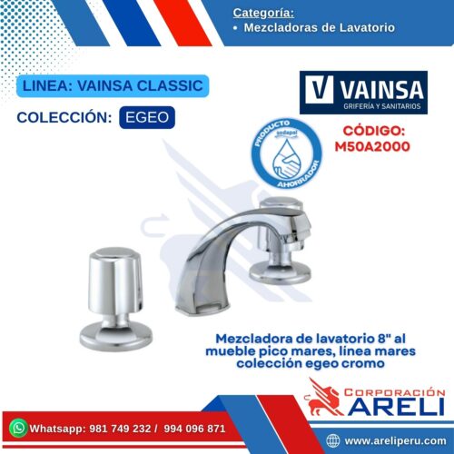 Mezcladora de lavatorio 8" al mueble pico mares, línea mares colección egeo cromo - VAINSA
