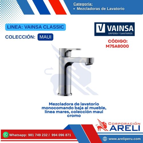Mezcladora de lavatorio monocomando baja al mueble, línea mares, colección maui cromo - VAINSA