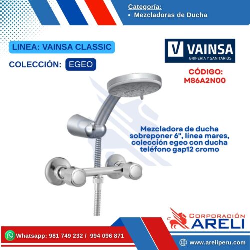 Mezcladora de ducha sobreponer 6", línea mares, colección egeo con ducha teléfono gap12 cromo - VAINSA
