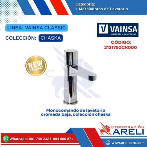 Monocomando de lavatorio cromada baja, colección chaska - VAINSA