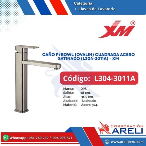 CAÑO P/BOWL (OVALIN) CUADRADA ACERO SATINADO (L304-3011A) - XM