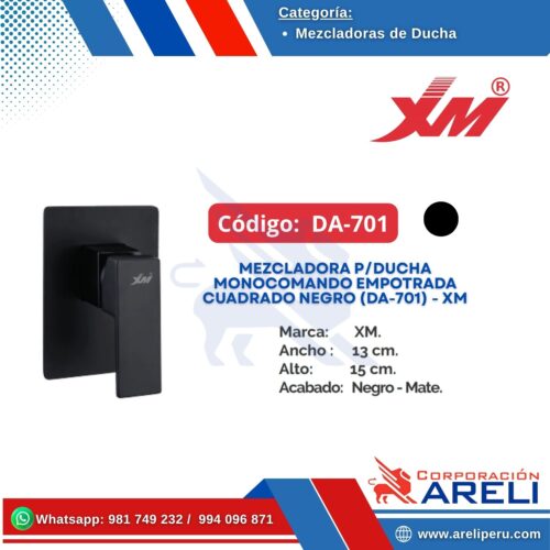 MEZCLADORA P/DUCHA MONOCOMANDO EMPOTRADA CUADRADO NEGRO (DA-701) - XM