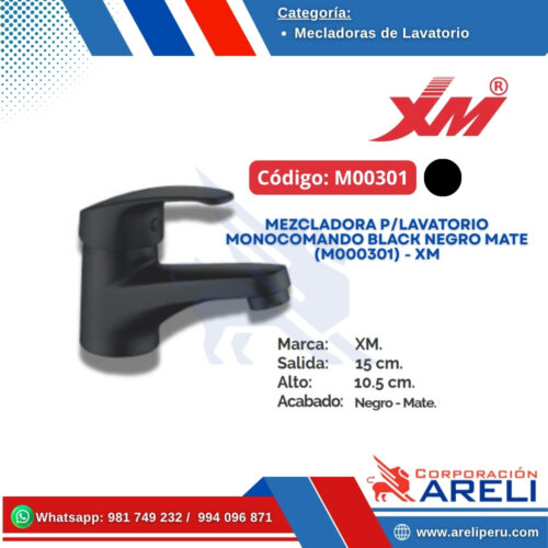 MEZCLADORA P/LAVATORIO MONOCOMANDO BLACK NEGRO MATE (M000301) - XM