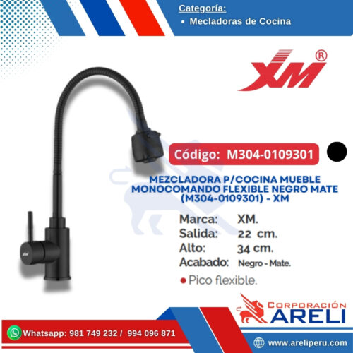 MEZCLADORA P/COCINA MUEBLE MONOCOMANDO FLEXIBLE NEGRO MATE (M304-0109301) - XM