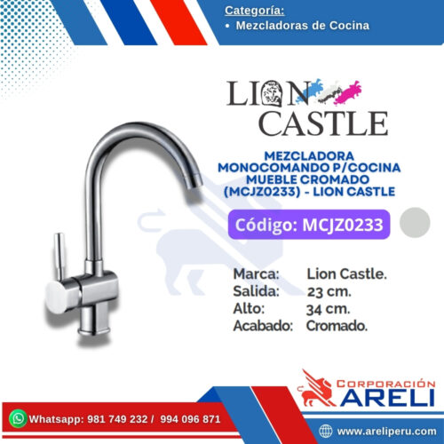 MEZCLADORA MONOCOMANDO P/COCINA MUEBLE CROMADO (MCJZ0233) - LION CASTLE